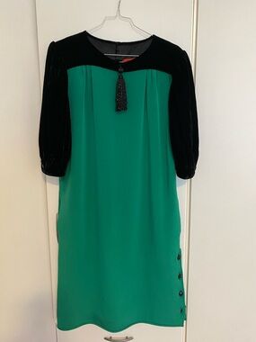 Valentino Green Shift Dress with Black Velvet Yoke & Tassel